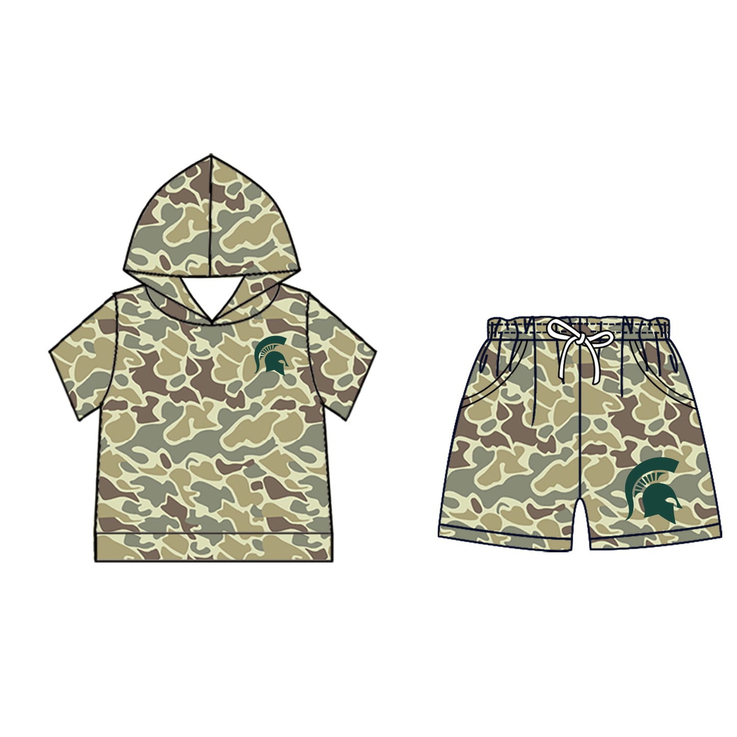 Preorder (moq 5)Baby Boys Khaki Camo Michigan State Hoodie Pockets Short Team Clothes Set