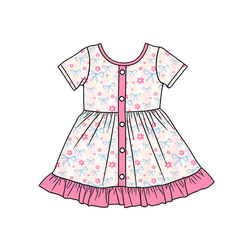 Preorder (moq 5)Baby Girls Bows Flowers Button Ruffle Knee Length Dresses