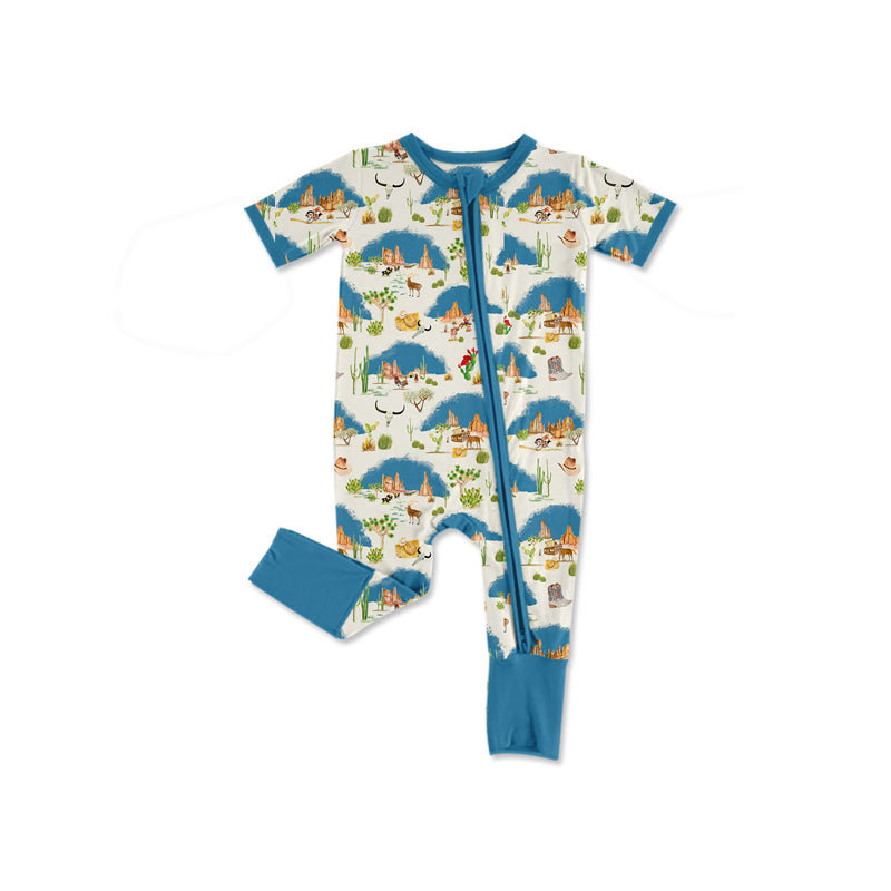 preorder(moq 5) Baby Boys Cactus Bull Skulls Western Two Way Zip Convertible Rompers