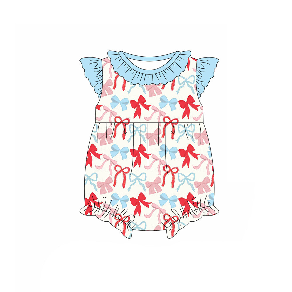 Preorder (moq 5)Baby Girls Flutter Sleeve Red Blue Bows Plaid 4th of July Ruffle Rompers