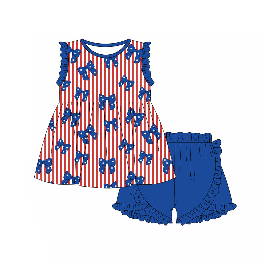 Preorder (moq 5)Baby Girls Red Stripe Star Bows Tunic Ruffle Shorts 4th of July Clothes Set