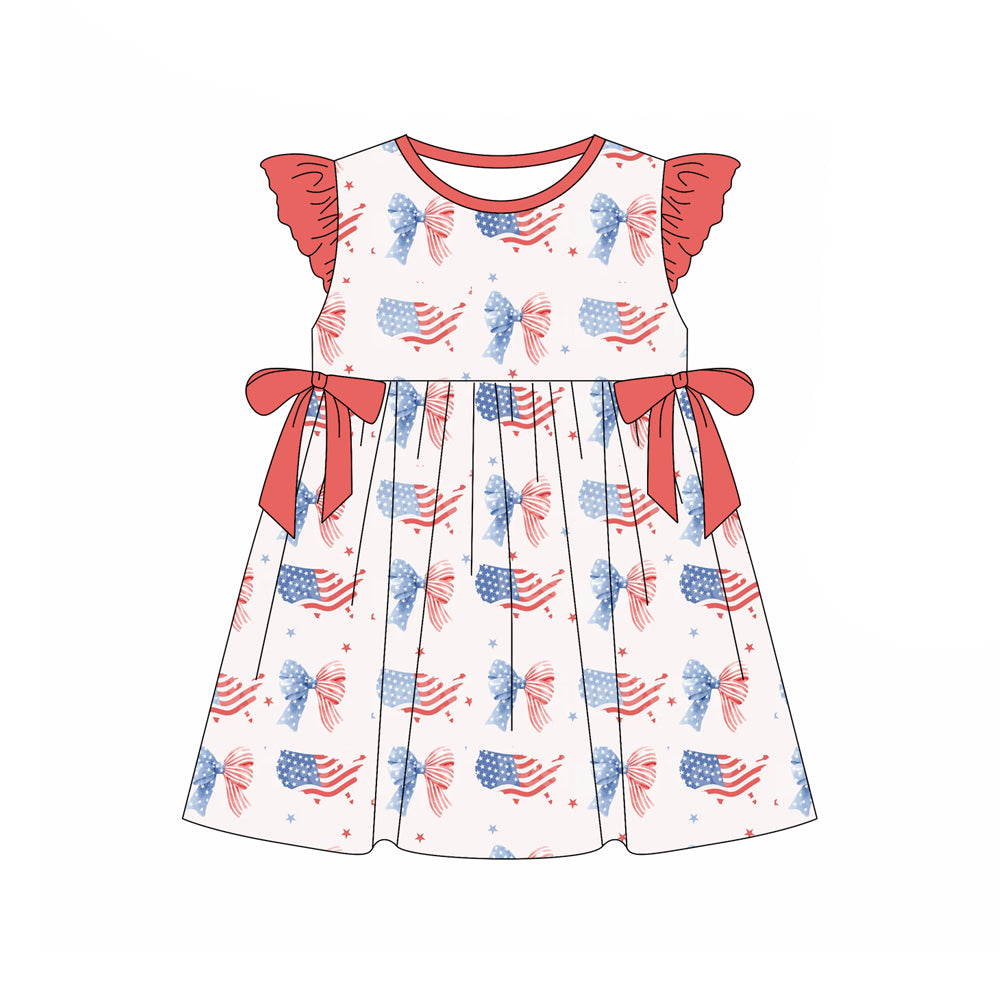 Preorder (moq 5)Baby Girls Flutter Sleeve Red Blue Bows Stars 4th of July Knee Length Dresses