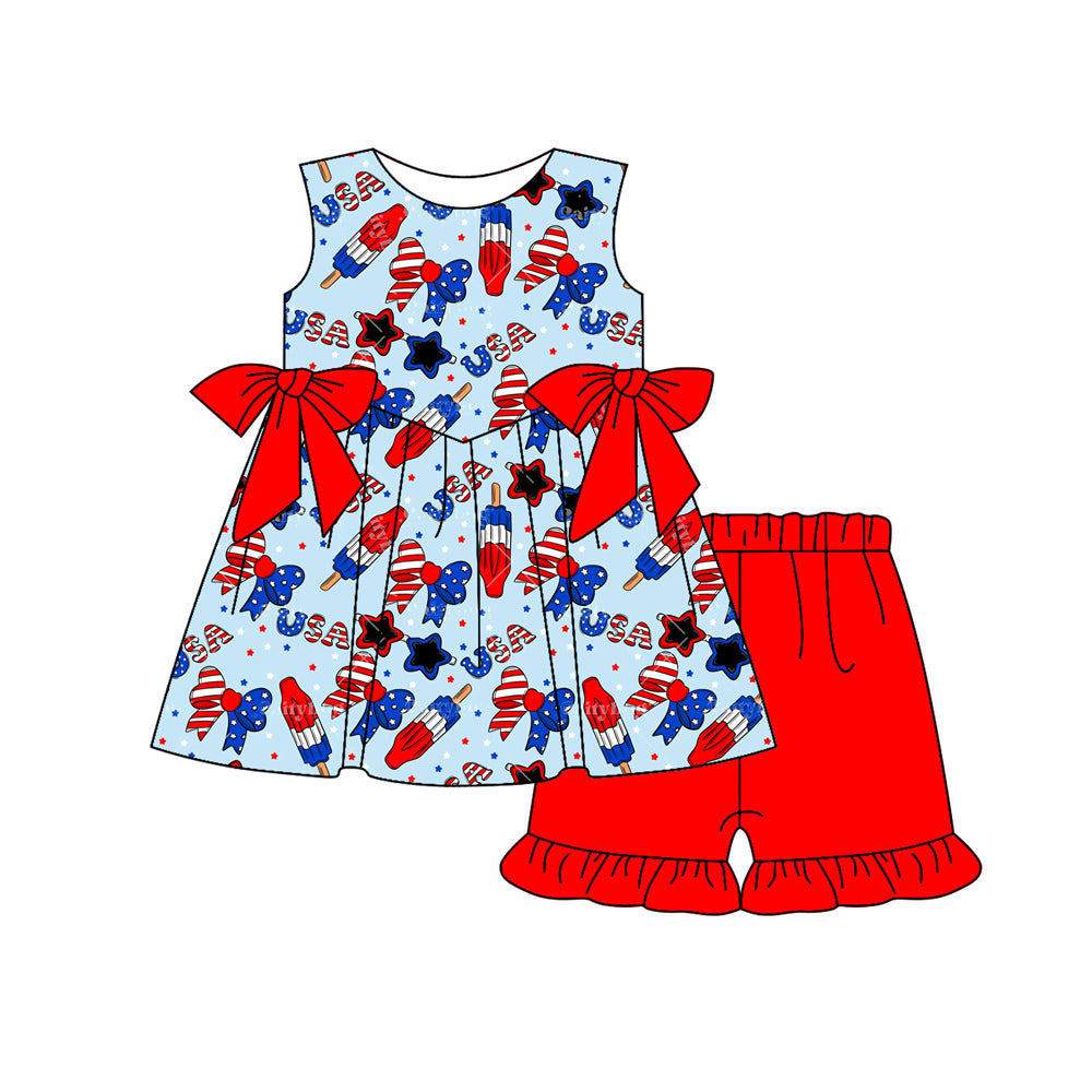 Preorder (moq 5)Baby Girls Popsicle Bows USA Tunic Ruffle Shorts 4th of July Clothes Set