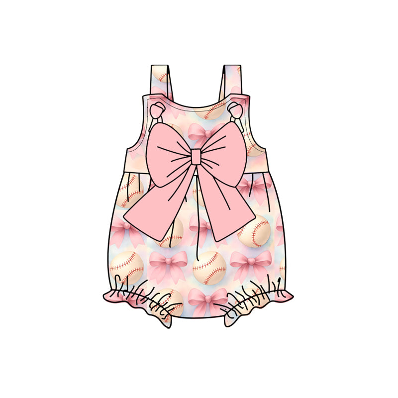 Preorder (moq 5)Baby Girls Pink Strap Bows Baseballs Team Ruffle Rompers