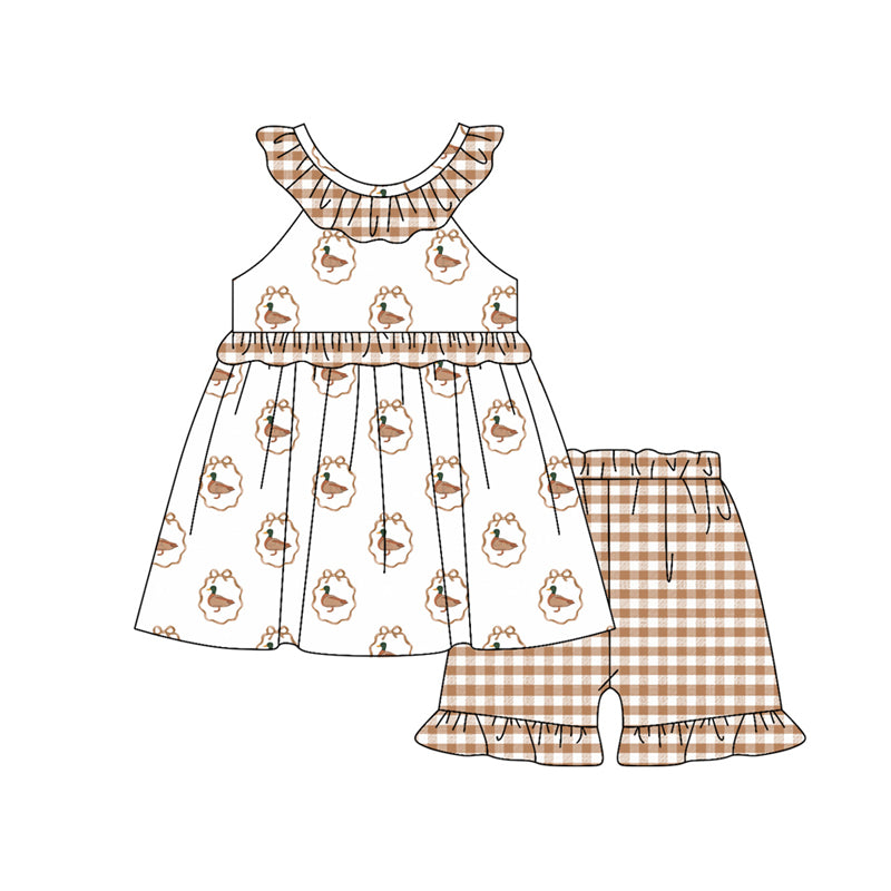 Preorder (moq 5)Baby Girls Bows Ducks Tunic Checked Ruffle Shorts Hunting Clothes Sets