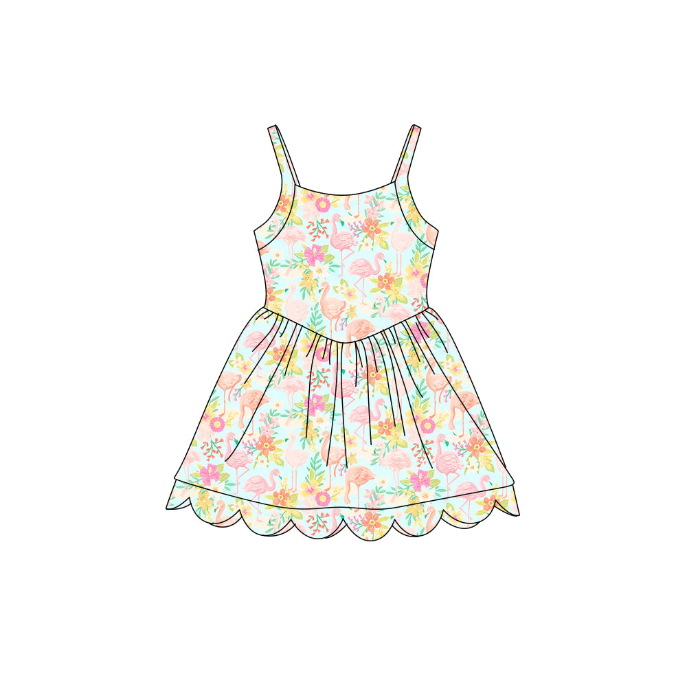 Preorder (moq 5)Baby Girls Strap Flamingo Flowers Scallop Shorts Knee Length Dresses