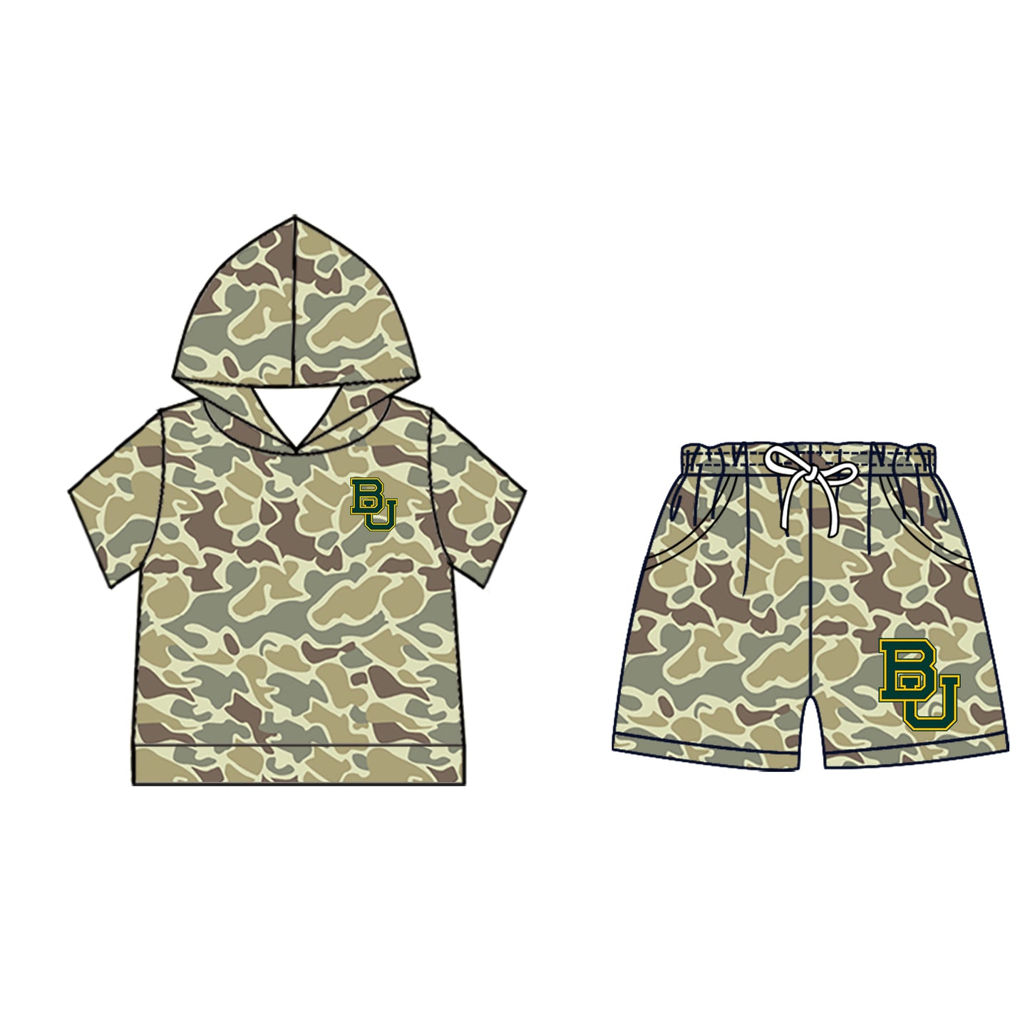 Preorder (moq 5)Baby Boys Khaki Camo BU Hoodie Pockets Short Team Clothes Set