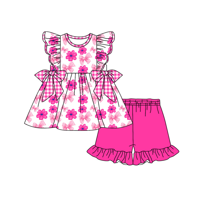 Preorder (moq 5)Baby Girls Flutter Sleeve Flowers Bows Tunic Ruffle Shorts Clothes Set