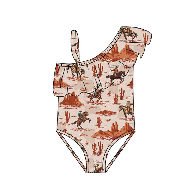 Preorder (moq 5)Baby Girls One Shoulder Cactus Horse Rodeos Western Swimsuits