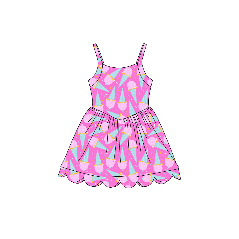 Preorder (moq 5)Baby Girls Strap Ice Cream Sprinkles Scallop Shorts Knee Length Dresses