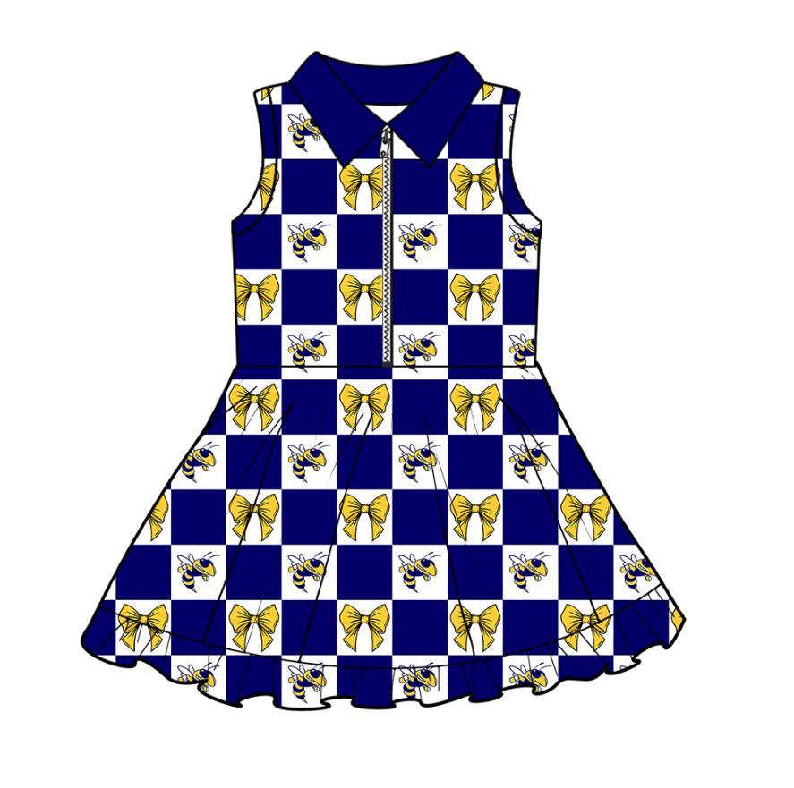 Preorder (moq 5)Baby Girls Hornets Bows Checked Zipper Short Team Knee Length Dresses