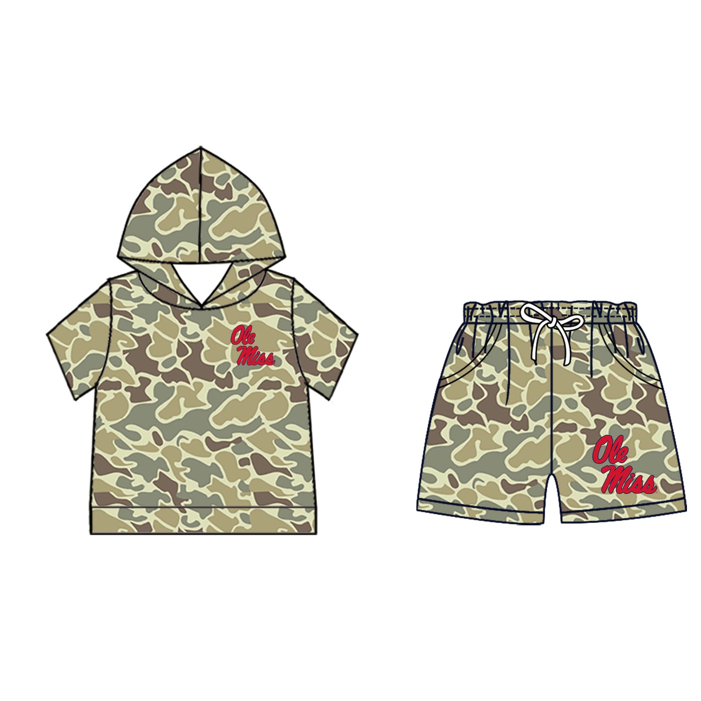 Preorder (moq 5)Baby Boys Khaki Camo Ole Miss Hoodie Pockets Short Team Clothes Set