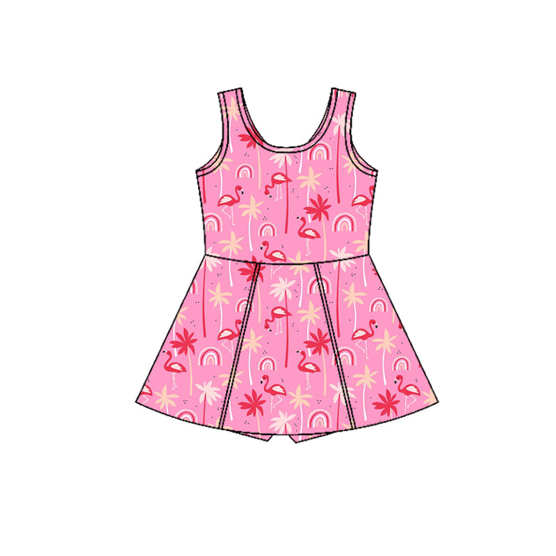 Preorder (moq 5)Baby Girls Sleeveless Rainbow Flamingos Shorts Knee Length Dresses