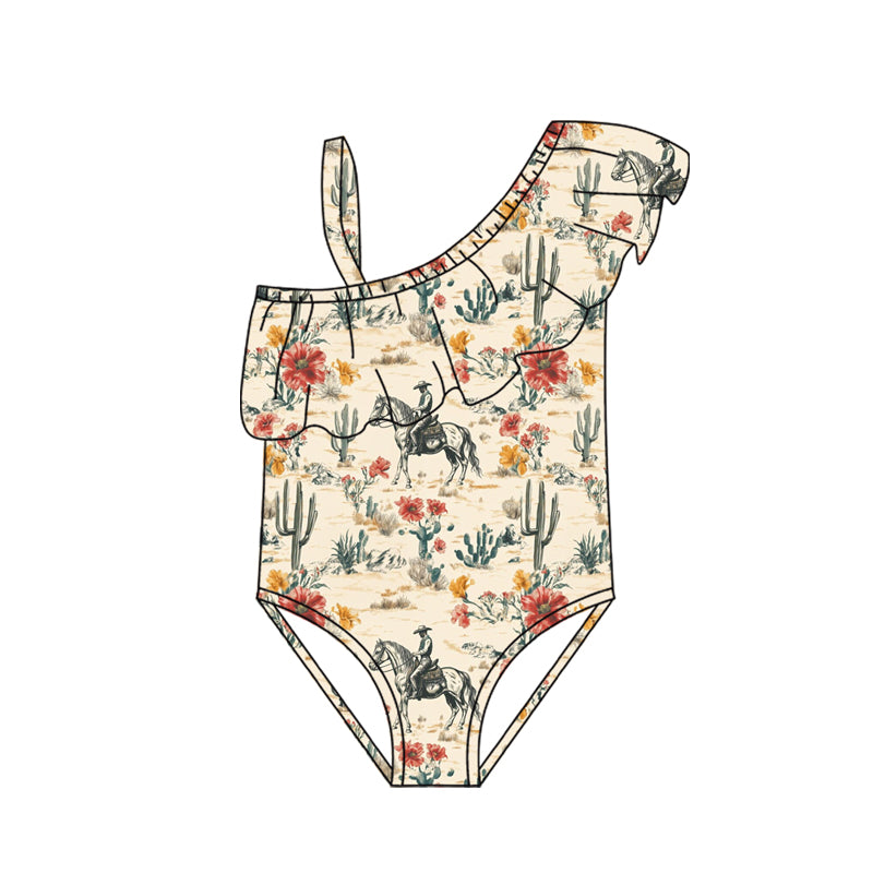 Preorder (moq 5)Baby Girls One Shoulder Flowers Horse Rodeos Western Swimsuits