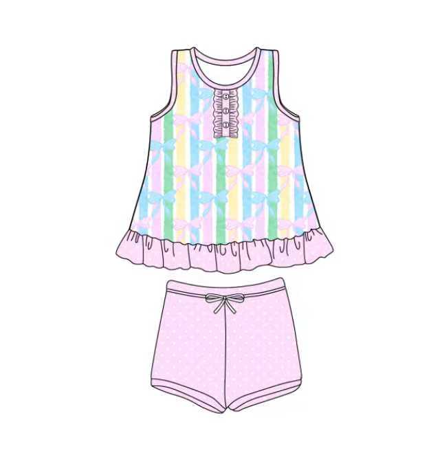 Preorder (moq 5)Baby Girls Colorful Stripe Bows Button Tunic Polka Dots Shorts Clothes Set