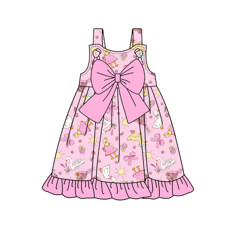 Preorder (moq 5)Baby Girls Pink Strap Flowers Gooses Ruffle Knee Length Dresses