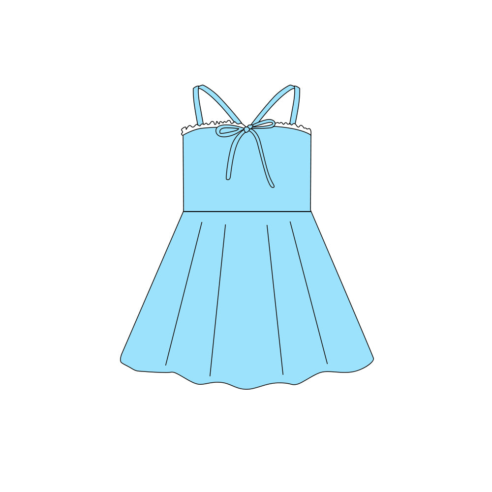 Preorder (moq 5)Baby Girls Strap Blue Bow Top Knee Length Dresses