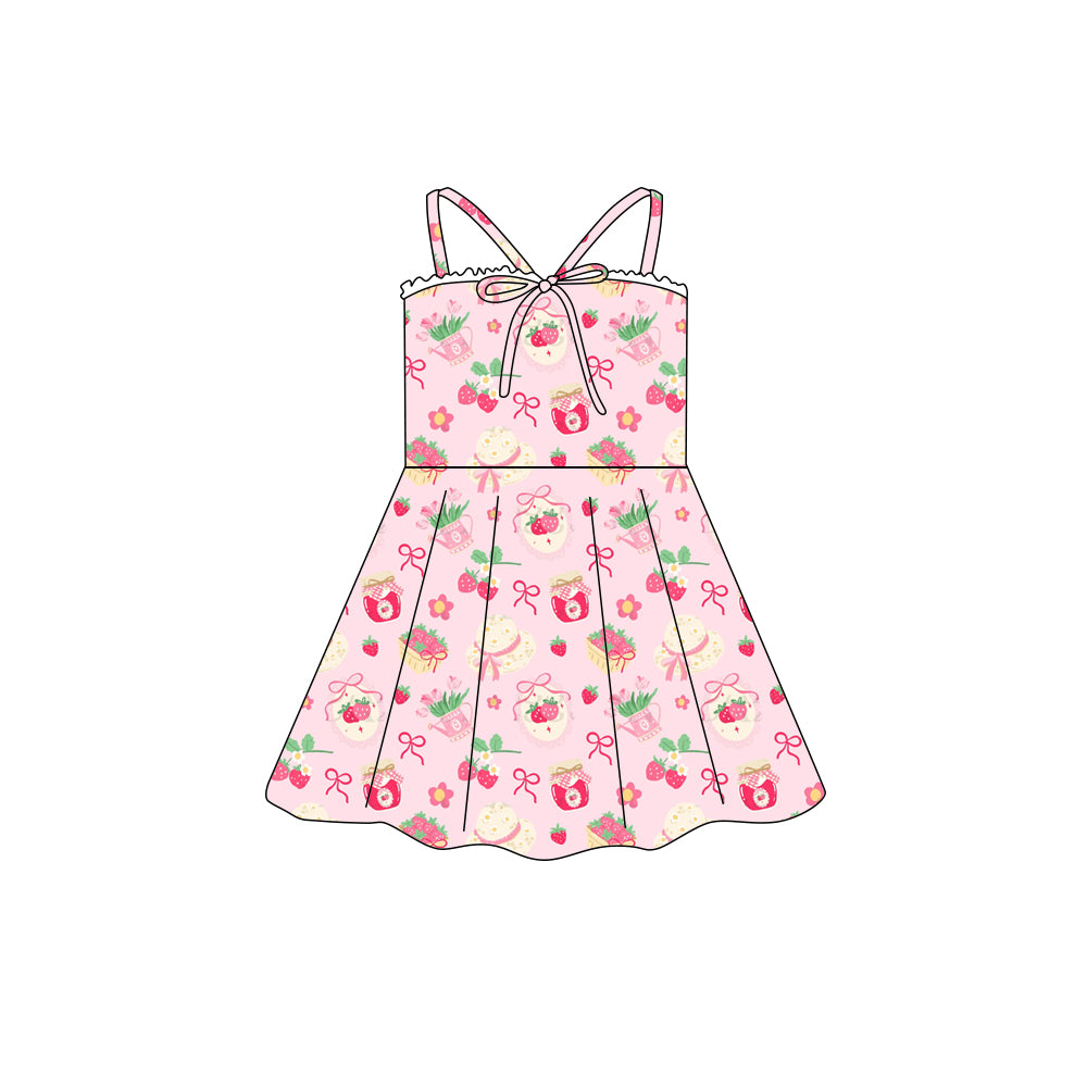 Preorder (moq 5)Baby Girls Strap Pink Strawberry Bow Top Knee Length Dresses