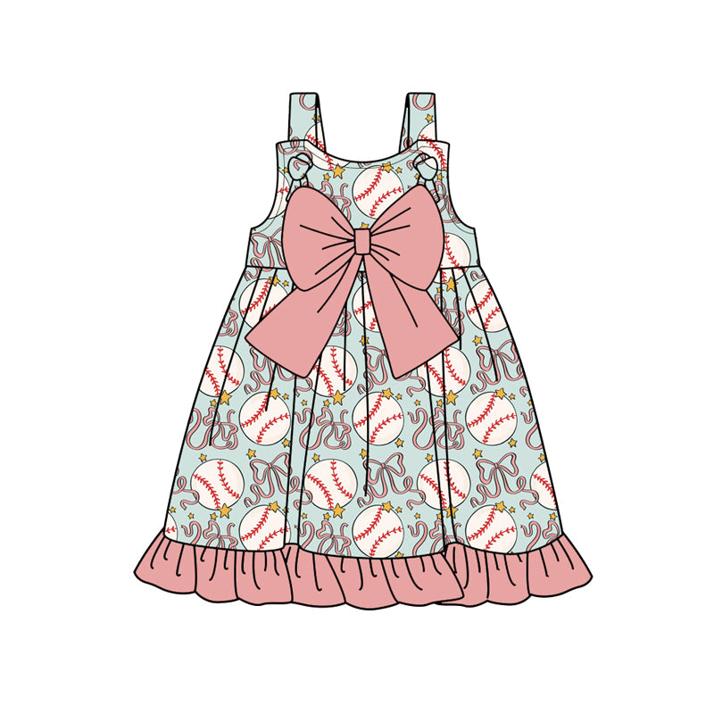 Preorder (moq 5)Baby Girls Strap Bows Baseballs Team Ruffle Knee Length Dresses
