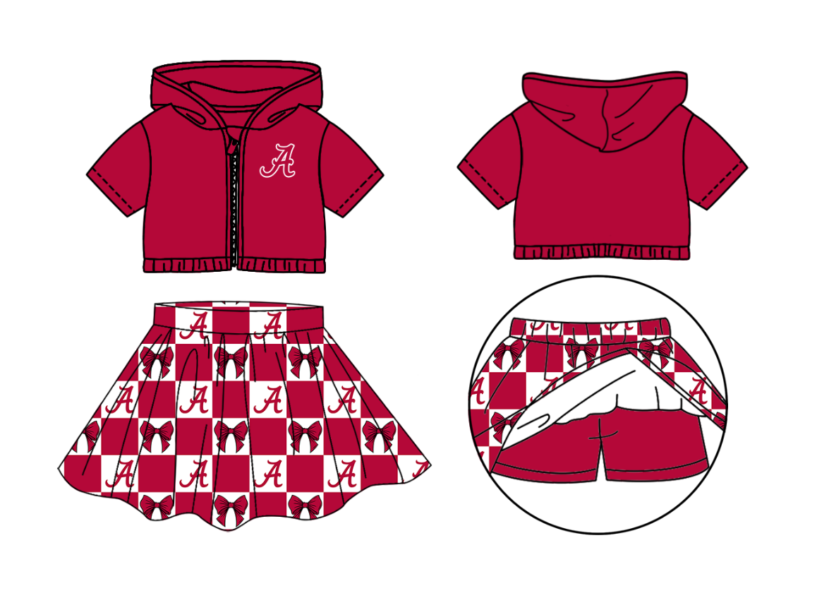 Preorder (moq 5)Baby Girls Red A Bows Zipper Hoodie Jackets Skirt Short Team Clothes Sets