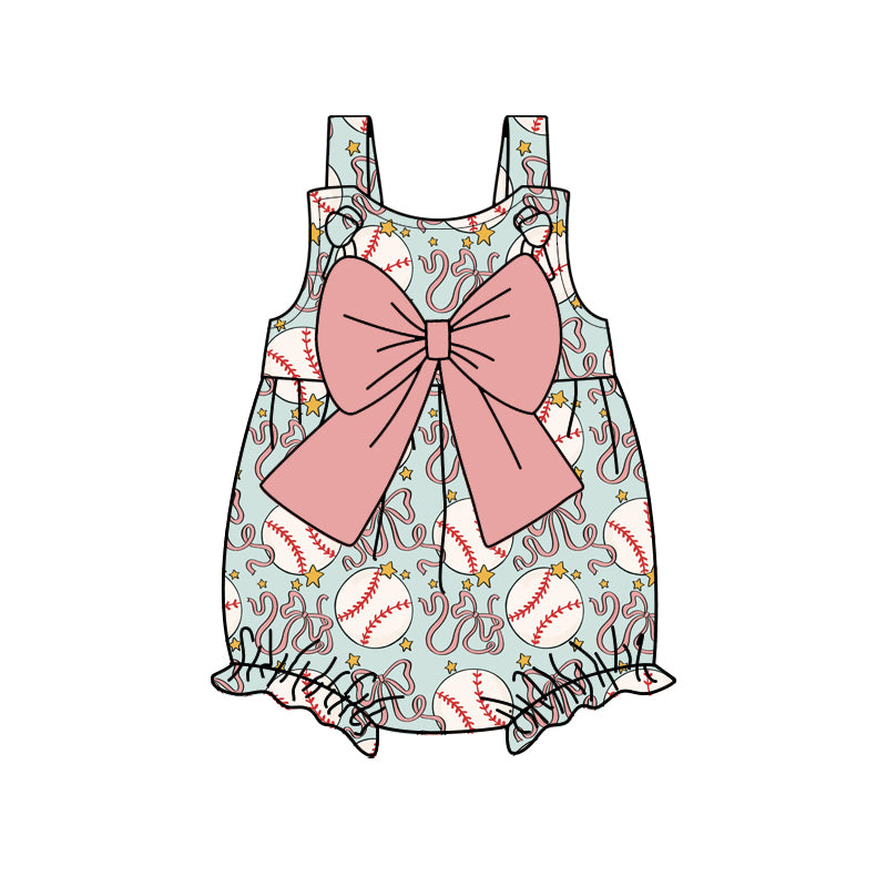 Preorder (moq 5)Baby Girls Strap Bows Baseballs Team Ruffle Rompers