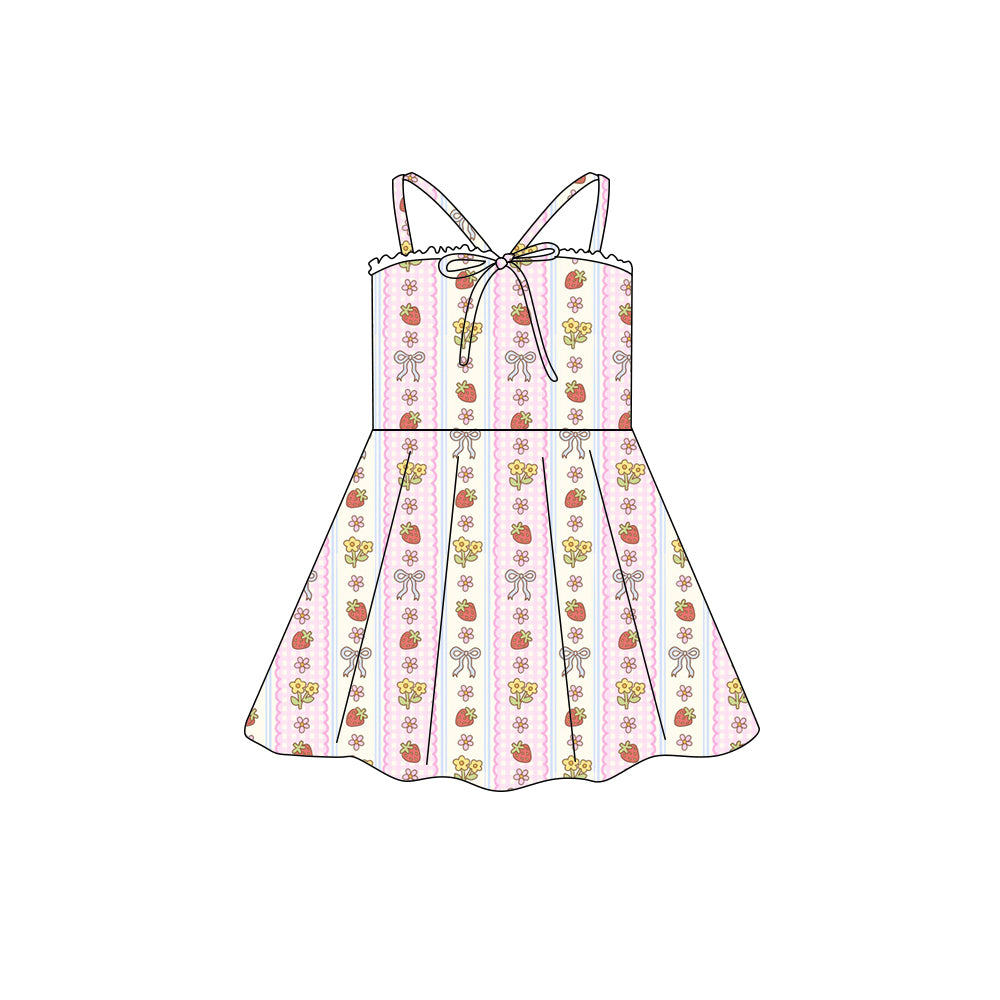 Preorder (moq 5)Baby Girls Strap Strawberry Flowers Stripe Bow Top Knee Length Dresses