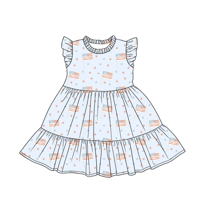 Preorder (moq 5)Baby Girls Flags Stars 4th of July Patchwork Knee Length Dresses