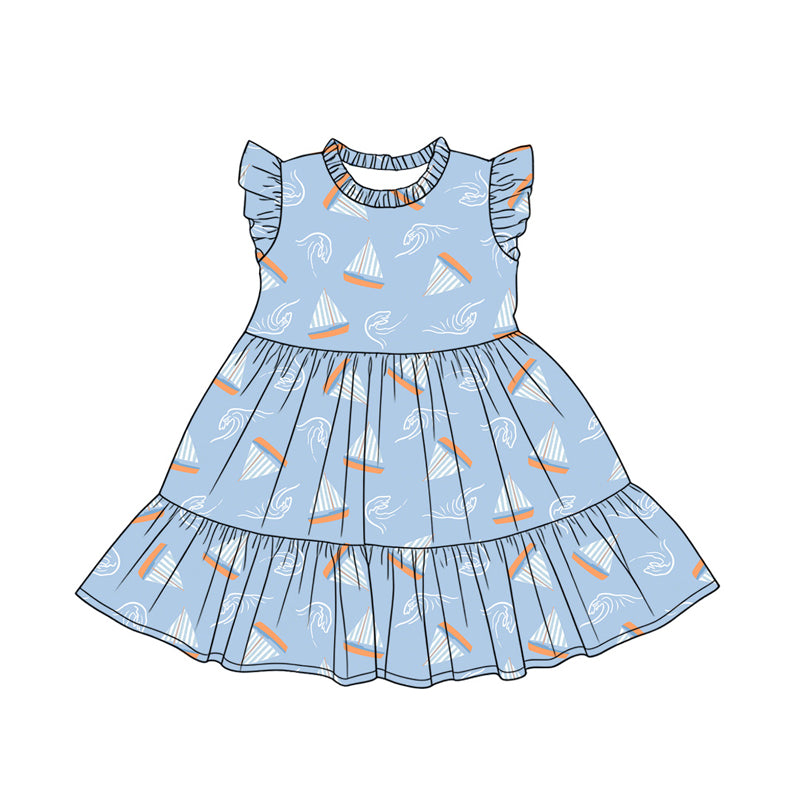 Preorder (moq 5)Baby Girls Flutter Sleeve Stripe Boats Patchwork Knee Length Dresses