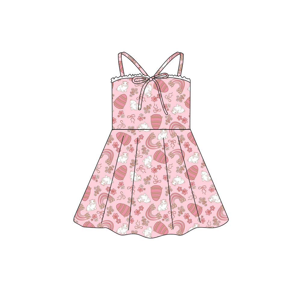 Preorder (moq 5)Baby Girls Strap Easter Rabbits Flowers Bow Top Knee Length Dresses