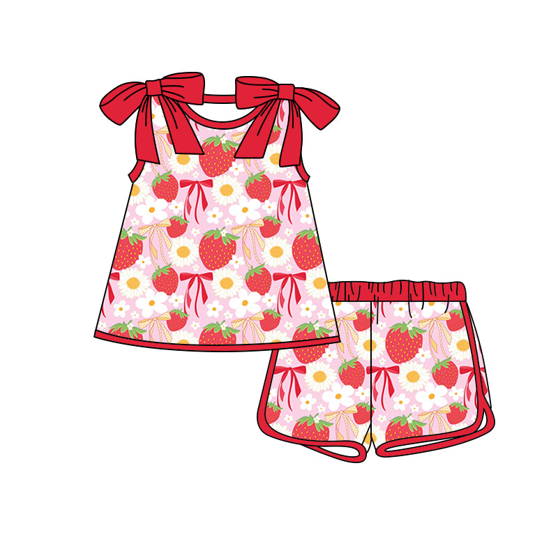 Preorder (moq 5)Baby Girls Bows Sleeveless Daisy Flowers Strawberry Top Shorts Clothes Sets
