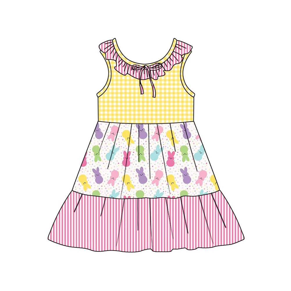 Preorder (moq 5)Baby Girls Collar Rabbits Checked Stripe Easter Patchwork Knee Length Dresses