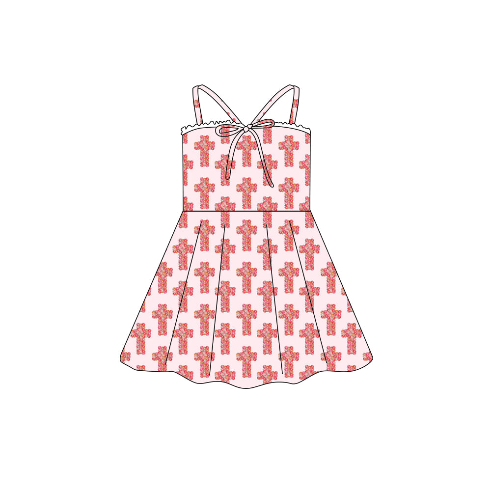 Preorder (moq 5)Baby Girls Strap Easter Flower Crosses Bow Top Knee Length Dresses