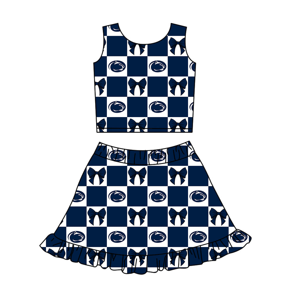 Preorder (moq 5)Baby Girls Navy Leopard Bows Checked Vest Ruffle Skirt Short Team Clothes Set