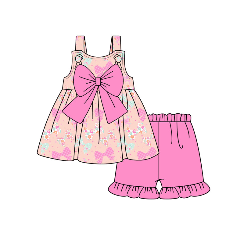 Preorder (moq 5)Baby Girls Pink Strap Flowers Bows Tunic Ruffle Shorts Clothes Set