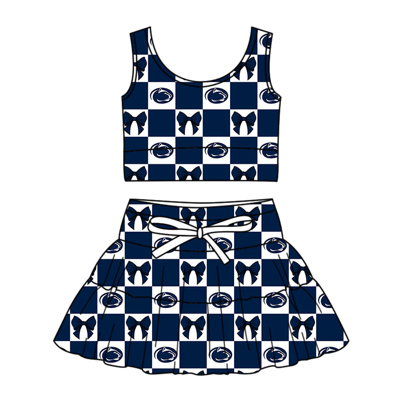 Preorder (moq 5)Baby Girls Navy Leopard Bows Checked Vest Skirt Short Team Clothes Set