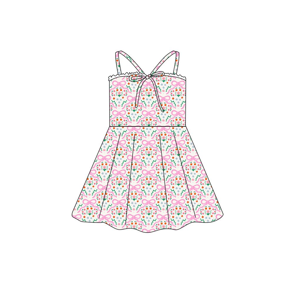 Preorder (moq 5)Baby Girls Strap Pink Flowers Bow Top Knee Length Dresses