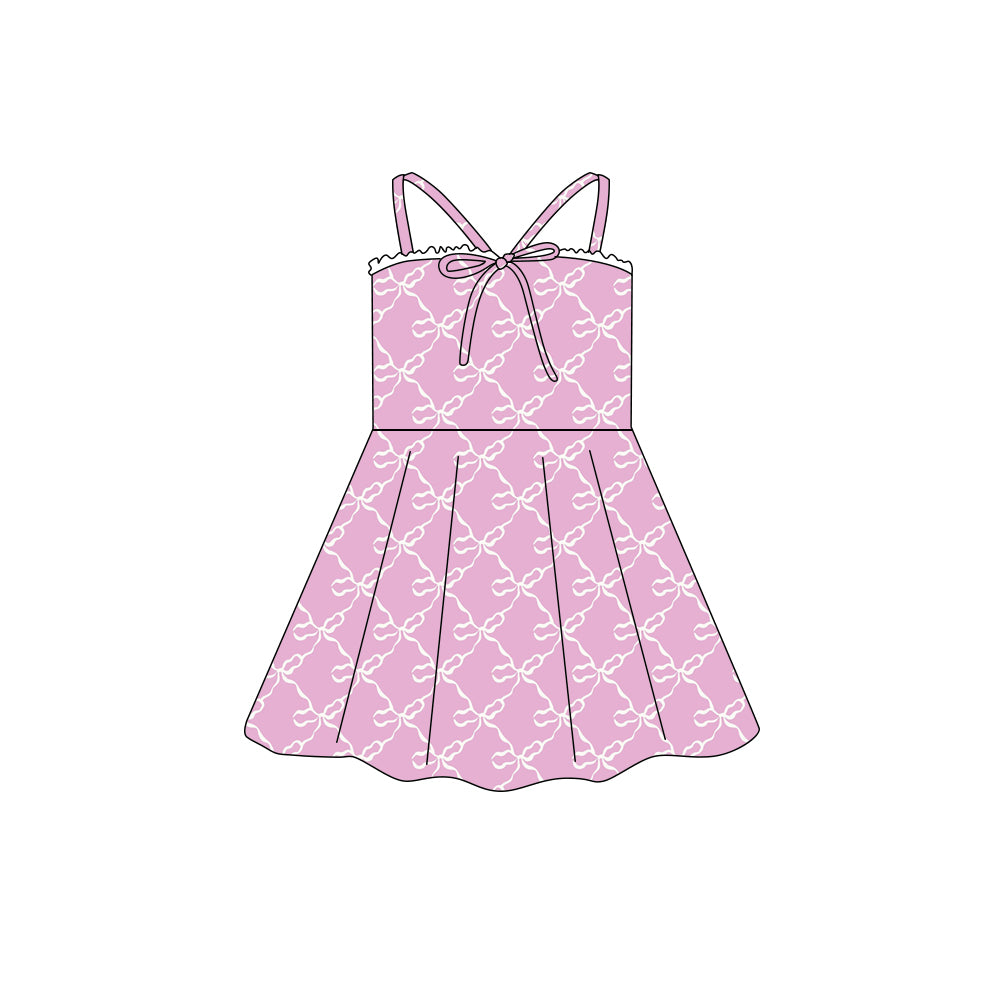 Preorder (moq 5)Baby Girls Strap Pink Bows Checked Knee Length Dresses