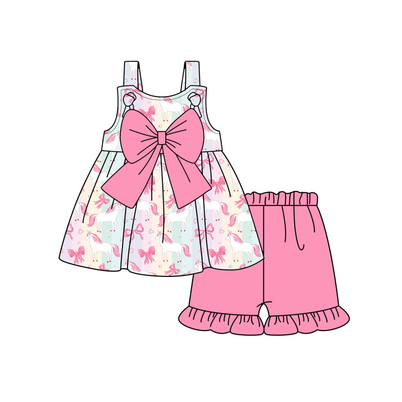 Preorder (moq 5)Baby Girls Strap Bows Hearts Horses Tunic Ruffle Shorts Clothes Set