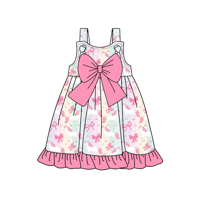 Preorder (moq 5)Baby Girls Strap Bows Hearts Horses Ruffle Knee Length Dresses