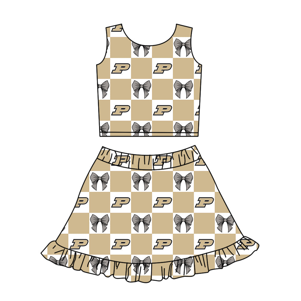 Preorder (moq 5)Baby Girls Gold P Bows Checked Vest Ruffle Skirt Short Team Clothes Sets