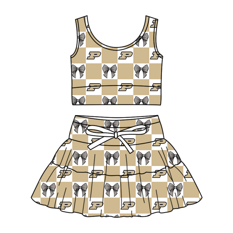 Preorder (moq 5)Baby Girls Gold P Bows Checked Vests Top Skirt Short Team Clothes Sets
