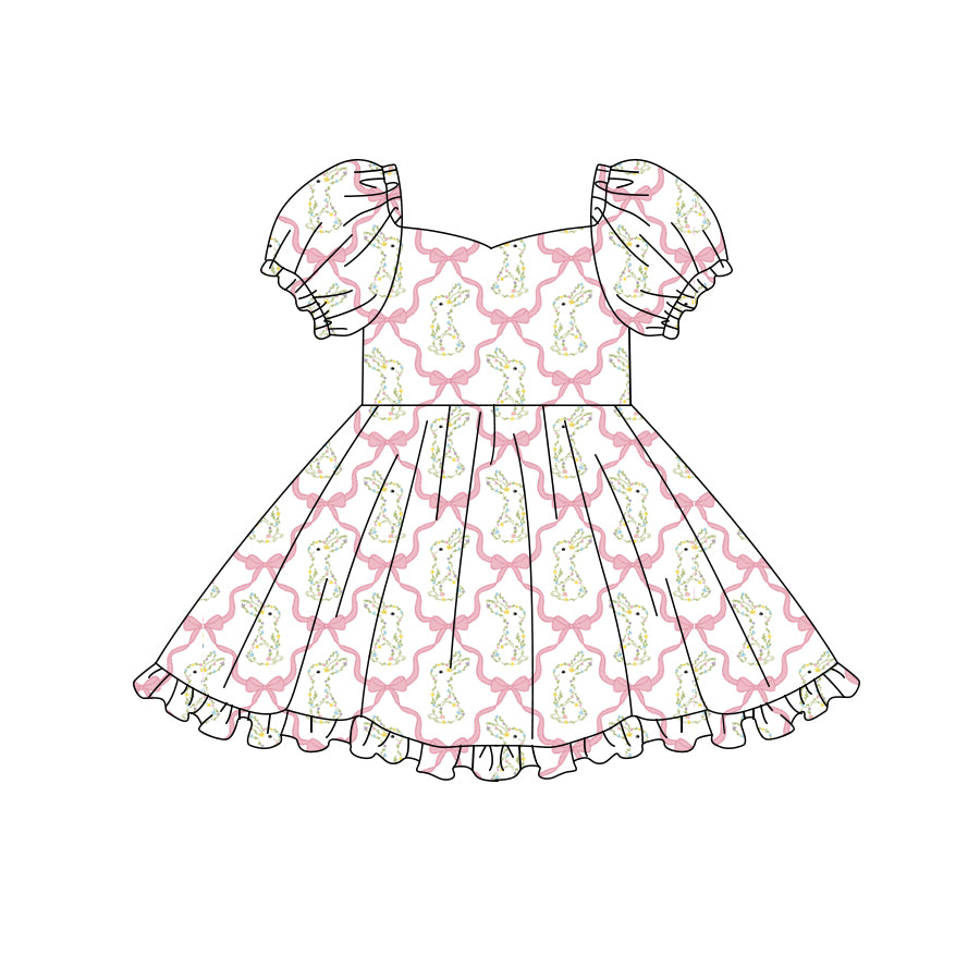 Preorder (moq 5)Baby Girls Pink Bow Rabbits Checked Easter Ruffle Knee Length Dresses