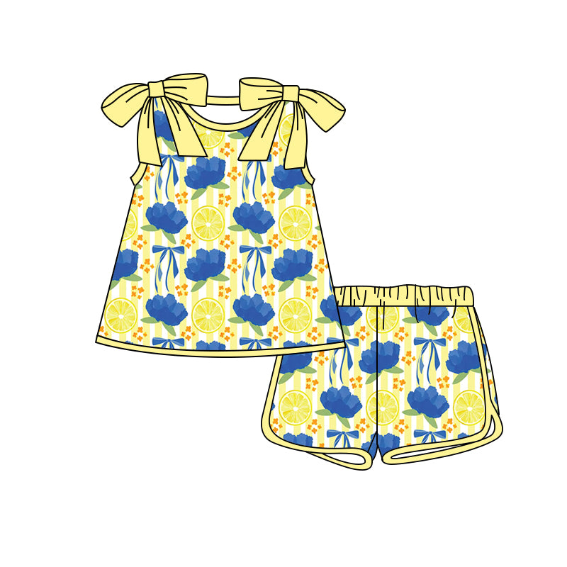 Preorder (moq 5)Baby Girls Bows Sleeveless Flowers Lemons Top Shorts Clothes Sets