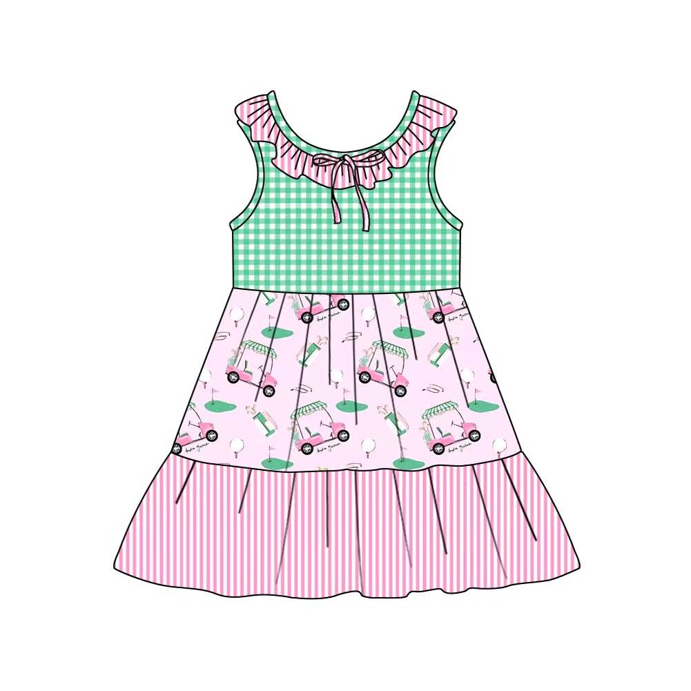 Preorder (moq 5)Baby Girls Collar Golf Flags Checked Stripe Patchwork Knee Length Dresses