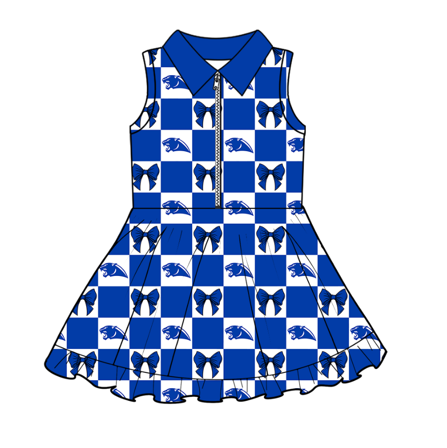 Preorder (moq 5)Baby Girls Blue Leopard Bows Checked Zip Short Team Knee Length Dress