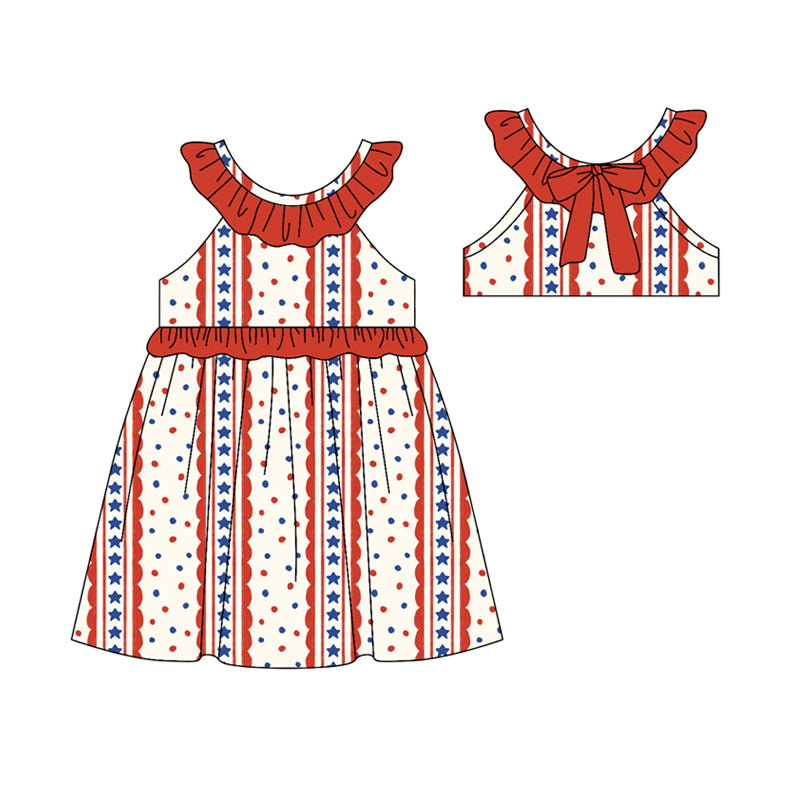 Preorder (moq 5)Baby Girls Stars Stripe Collar 4th of July Knee Length Dresses