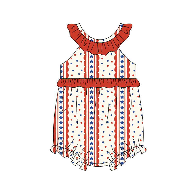 Preorder (moq 5)Baby Girls Sleeveless Stars Stripe 4th of July Collar Ruffle Rompers