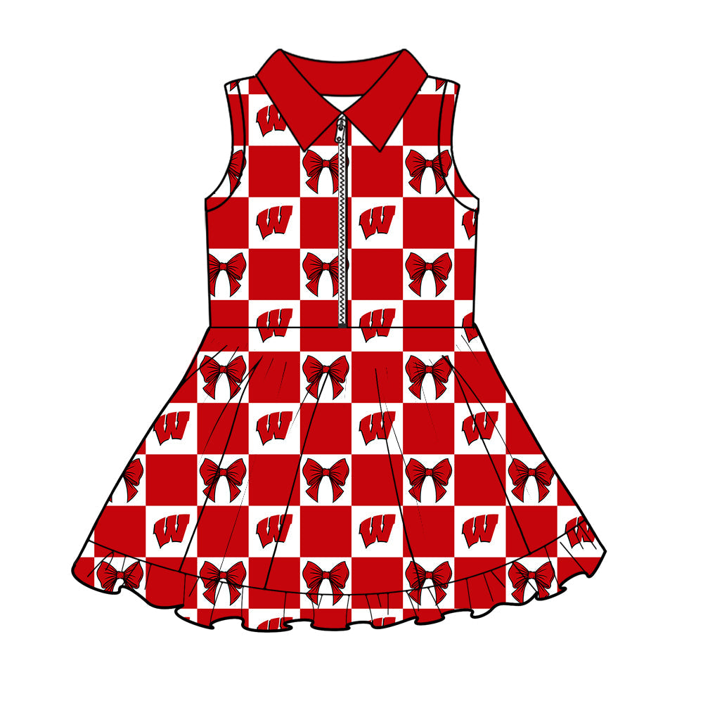 Preorder (moq 5)Baby Girls Red W Bows Checked Zipper Shorts Team Knee Length Dresses