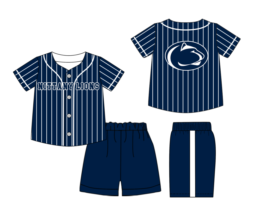 Preorder (moq 5)Baby Boys Navy Stripe Nittany Lions Button Top Short Team Clothes Sets