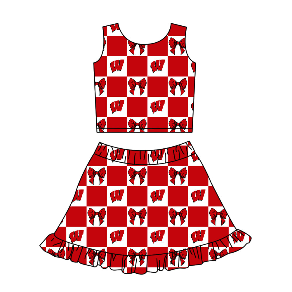 Preorder (moq 5)Baby Girls Red W Bows Checked Vest Ruffle Skirt Short Team Clothes Sets